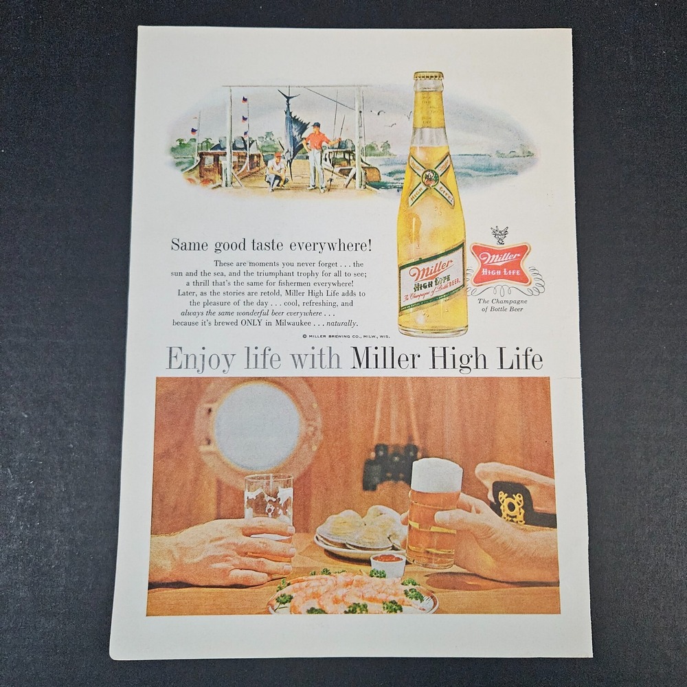 1962 Miller High Life Beer Vintage Print Ad Milwaukee WI Fishing Shrimp Dinner